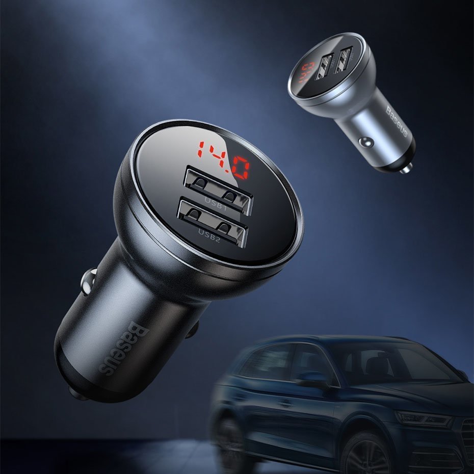 Baseus Dual Digital Display Car Charger With USB 3-in-1 Cable