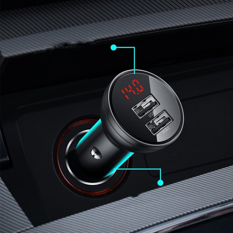 Baseus Dual Digital Display Car Charger With USB 3-in-1 Cable