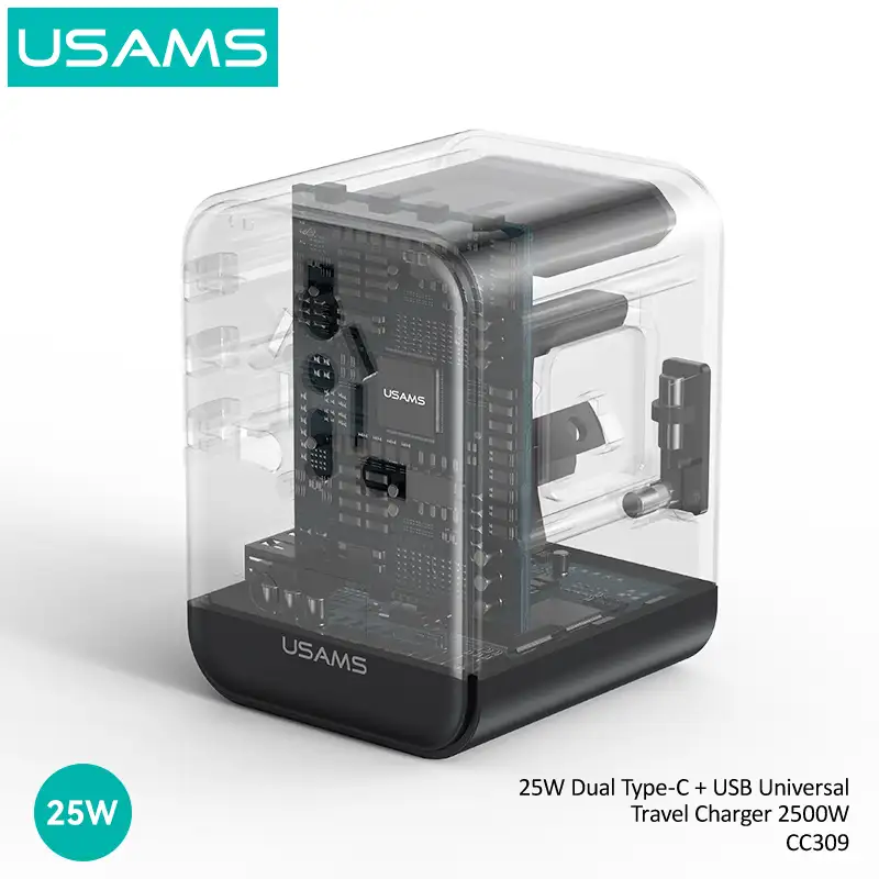 USAMS CC309 25W Dual Type-C and USB-A Ports Universal Travel Charger