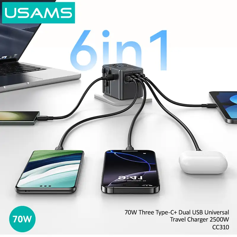 USAMS CC310 70W Three Type-C and Dual USB-A Ports Universal Travel Adapter