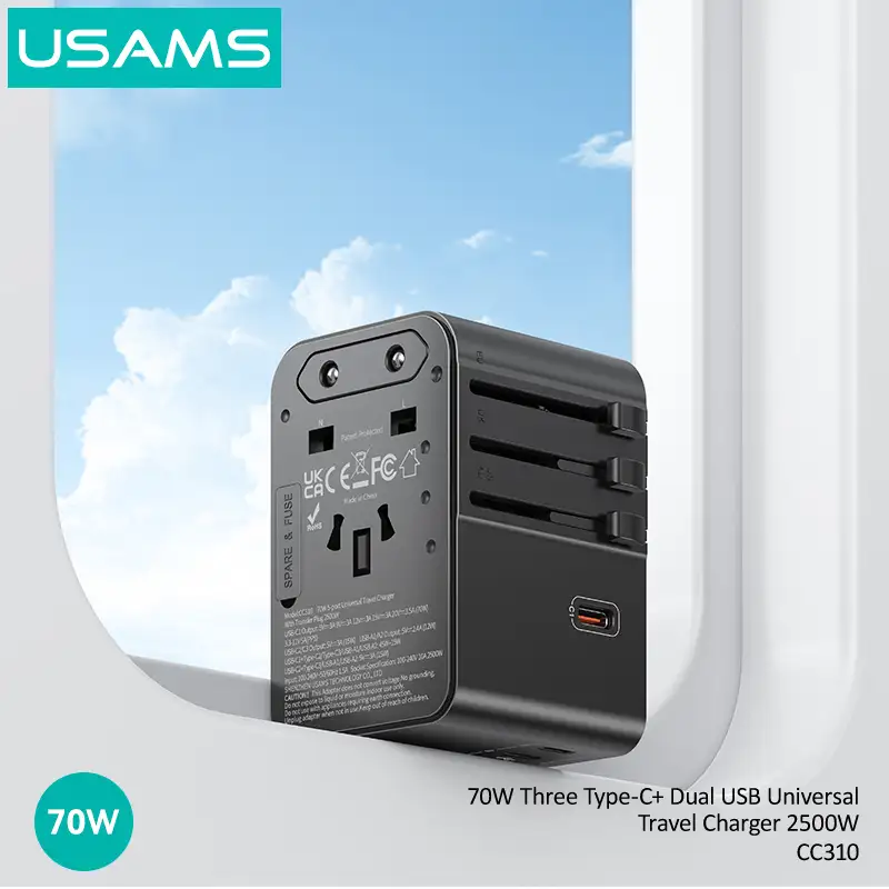 USAMS CC310 70W Three Type-C and Dual USB-A Ports Universal Travel Adapter