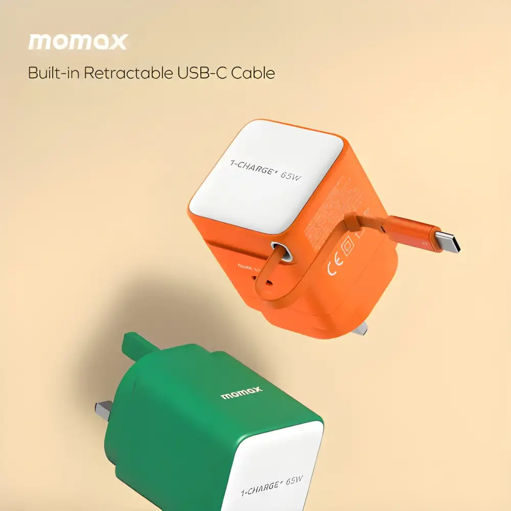 Momax 1-Charge+ 65W GaN Charger with Retractable Cable (US Plug)