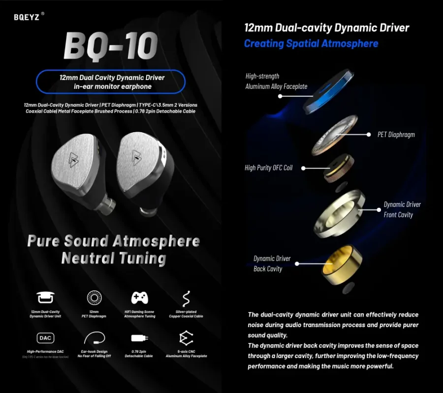 BQEYZ BQ10 12mm Dual-Cavity Wired Earphones