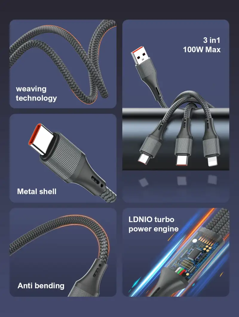LDNIO LC97U 3-in-1 100W QC Charging 1.2M Nylon Cable