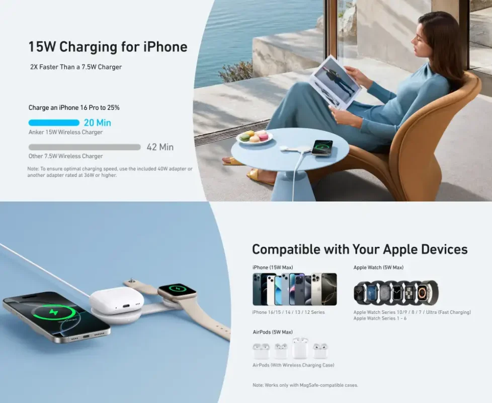 Anker A25M8 Ultra Compact 3in1 Qi2 Wireless Charger
