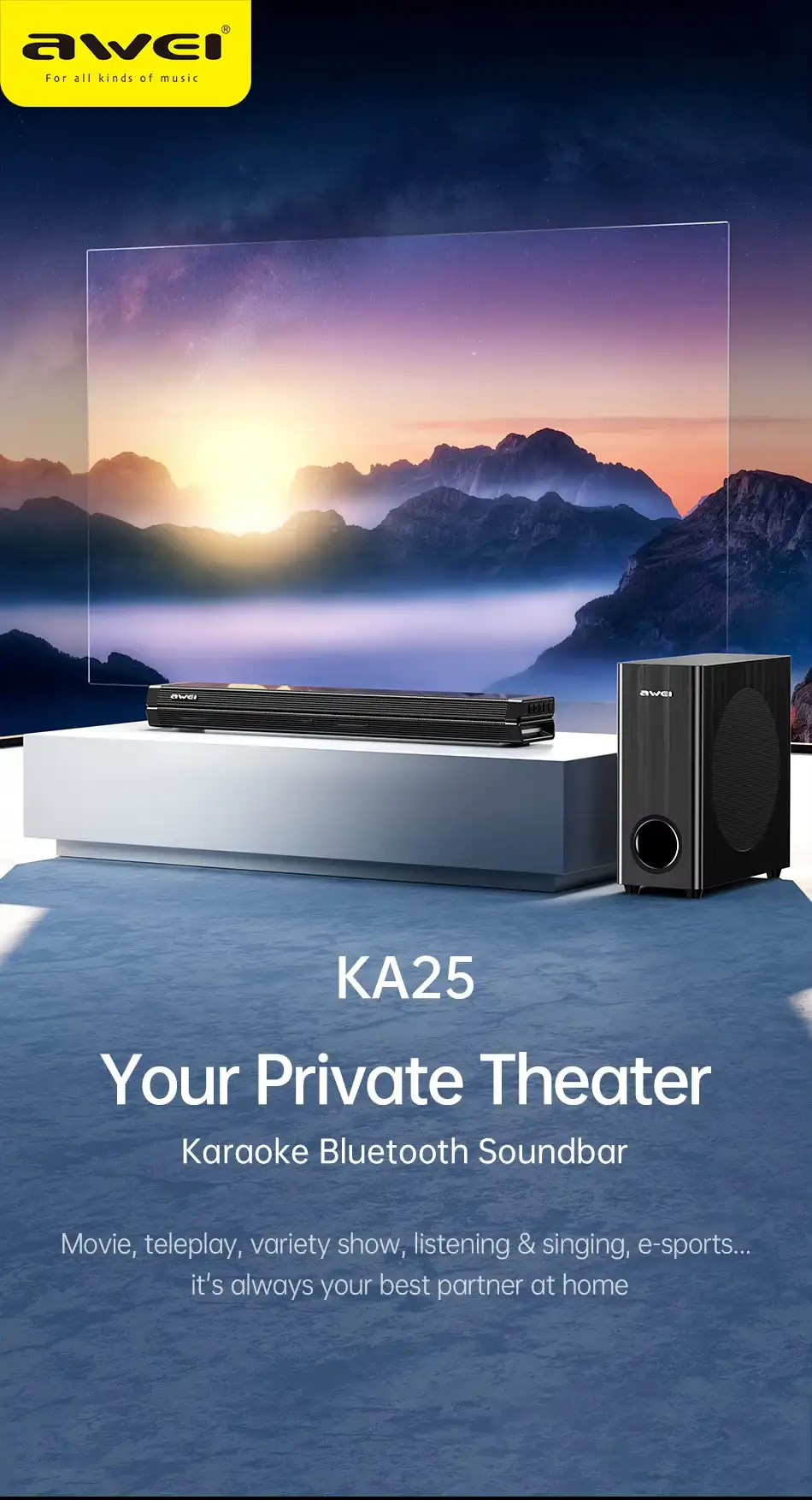 Awei KA25 100W Home Theater Stereo Soundbar with Subwoofer