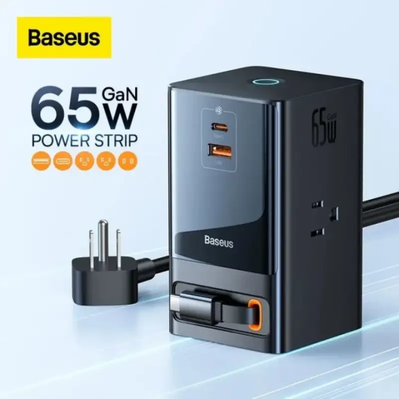 Baseus PowerCombo Digital Power Strip 3AC + USB + Type C+ Retractable-C 65W With 1.5m Power Cord