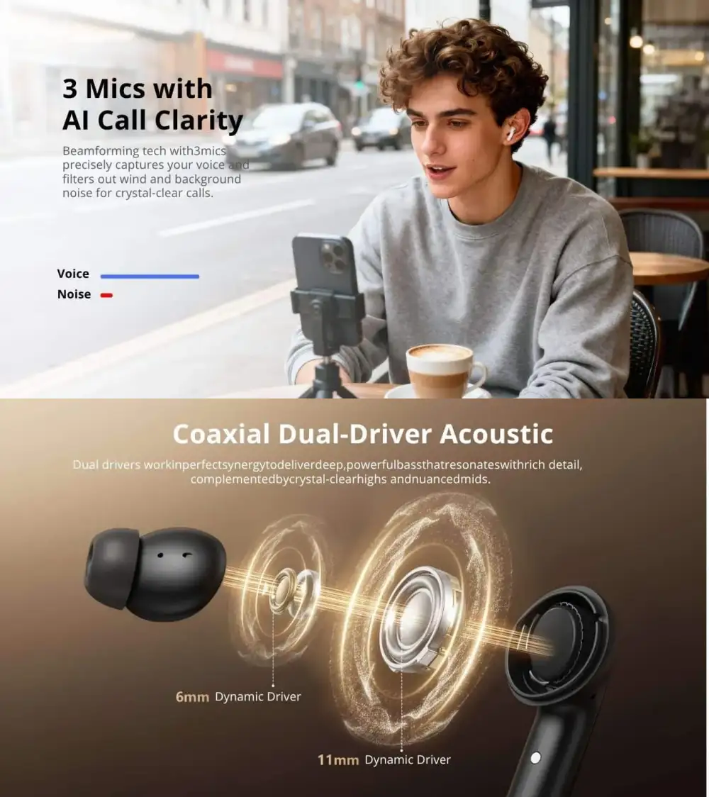 QCY MeloBuds N60 Adaptive Noise Canceling Wireless Earbuds