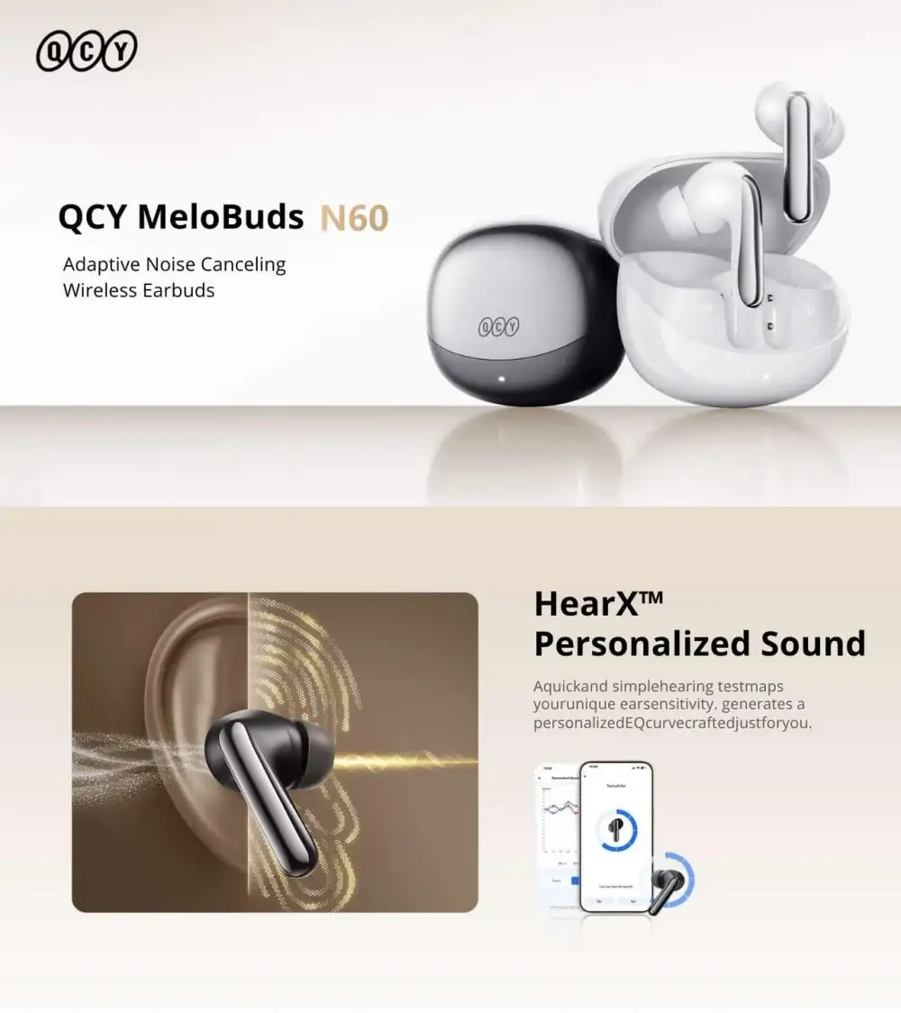 QCY MeloBuds N60 Adaptive Noise Canceling Wireless Earbuds