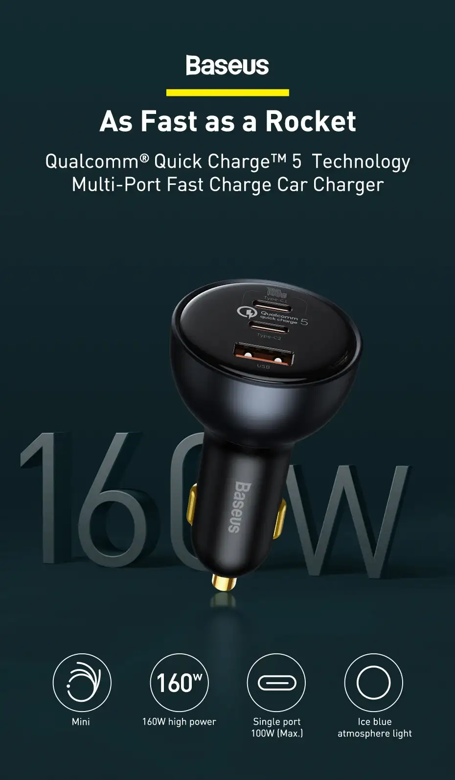 Baseus 160W Car Charger Qualcomm Quick Charge 2C+U With 100w Type-C Cable