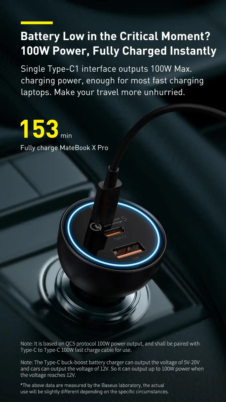 Baseus 160W Car Charger Qualcomm Quick Charge 2C+U With 100w Type-C Cable