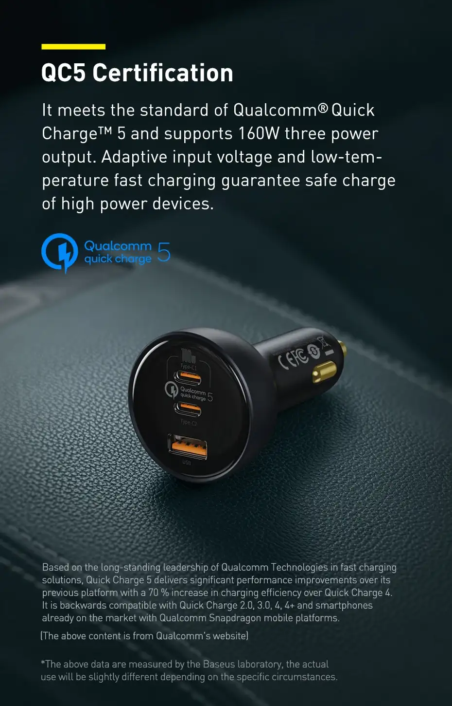 Baseus 160W Car Charger Qualcomm Quick Charge 2C+U With 100w Type-C Cable