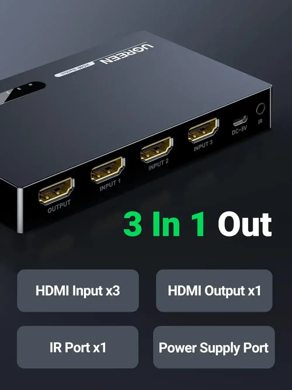 UGREEN 40234 3 In 1 Out 4K HDMI Splitter With IR Remote Control