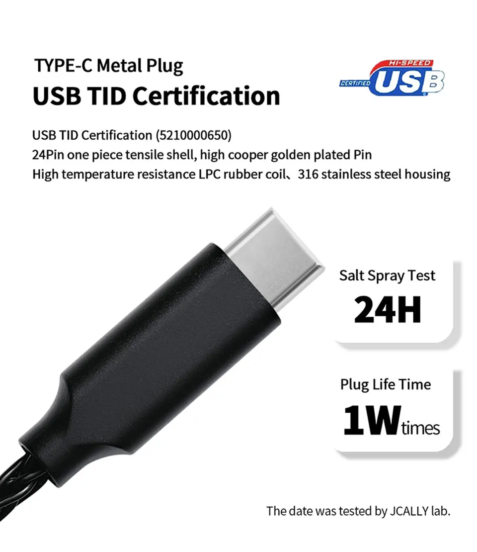 JCALLY TC08 Pro 8Core TYPE-C 2Pin Cable with Mic (DAC Chip)