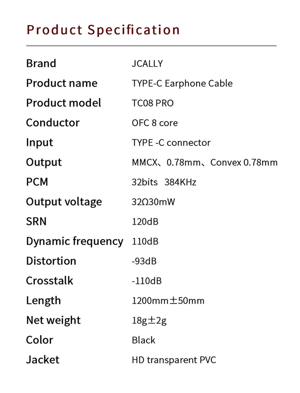 JCALLY TC08 Pro 8Core TYPE-C 2Pin Cable with Mic (DAC Chip)