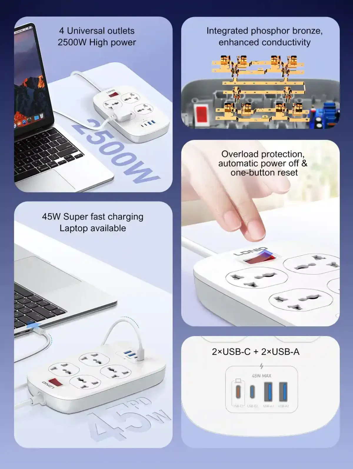 LDNIO SC4407C Universal Outlet 45W USB Power Strip with 4 AC outlets