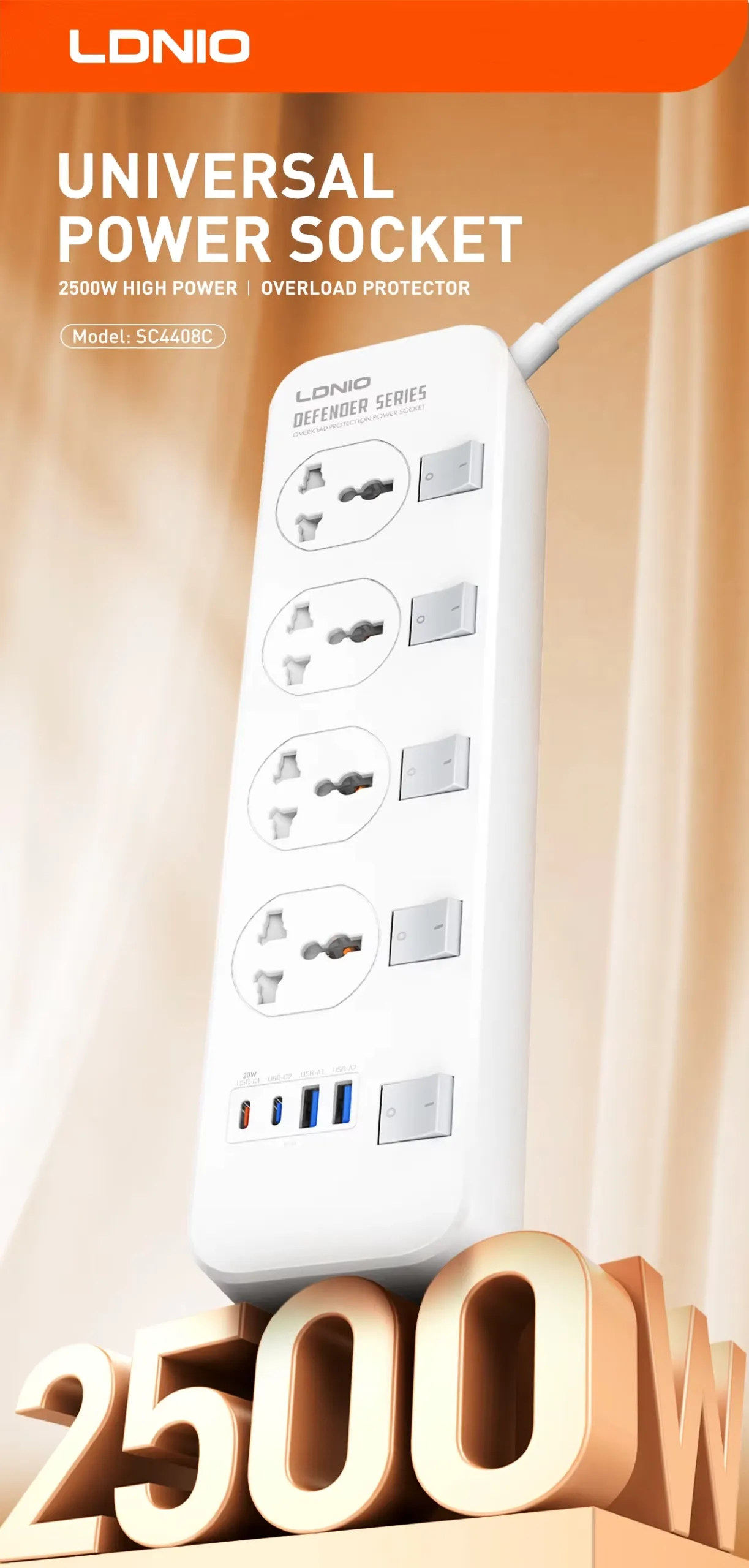 LDNIO SC4408C Extension Power Socket 4AC 4USB Power Strip