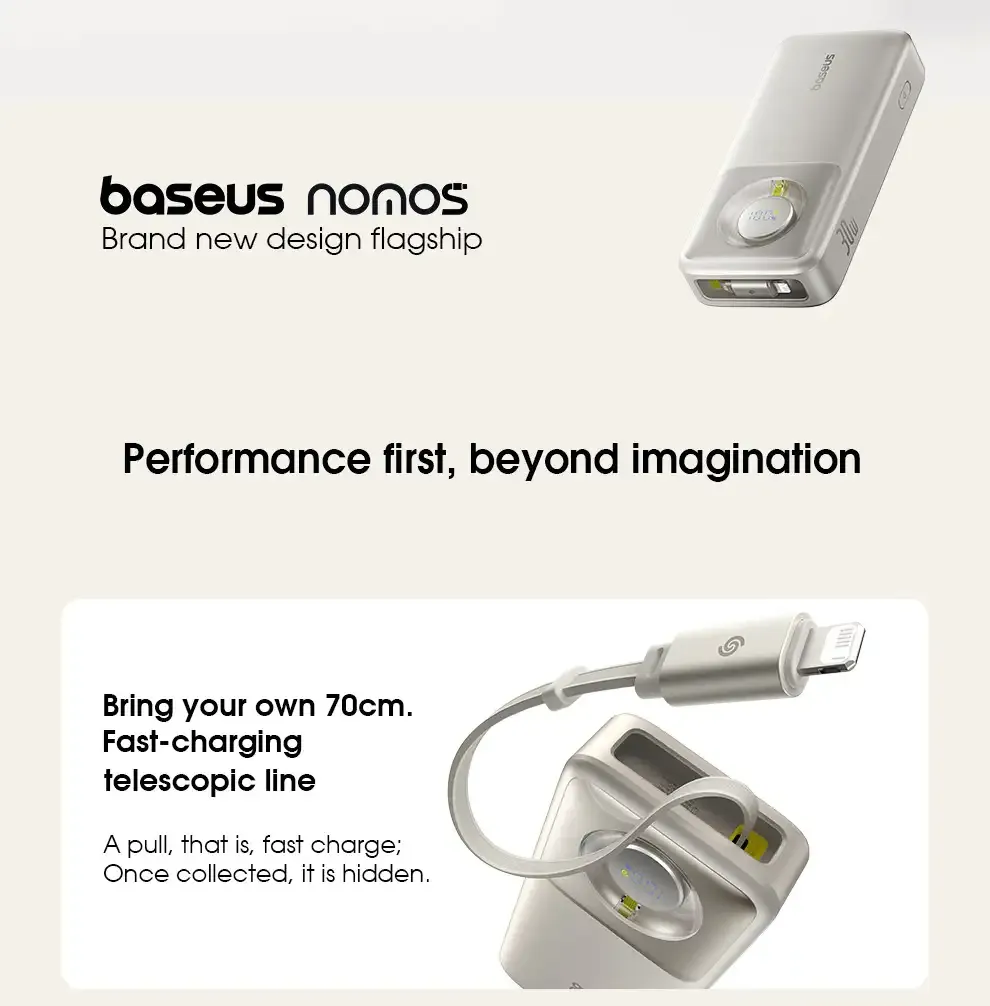 Baseus NOMOS 30W 74Wh 20000mAh Digital Display Power Bank with Built-in iP Retractable Cable