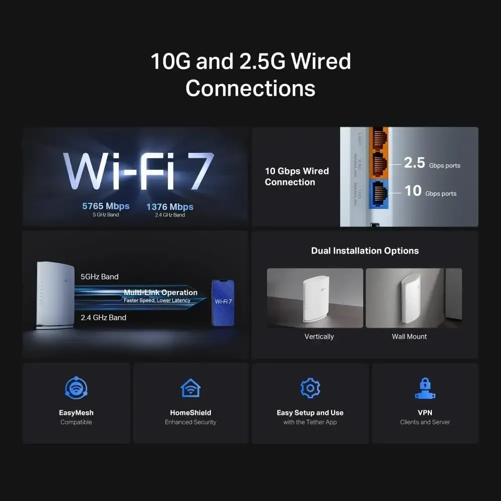 TP Link Archer BE450 BE7200 Dual Band WiFi 7 Router