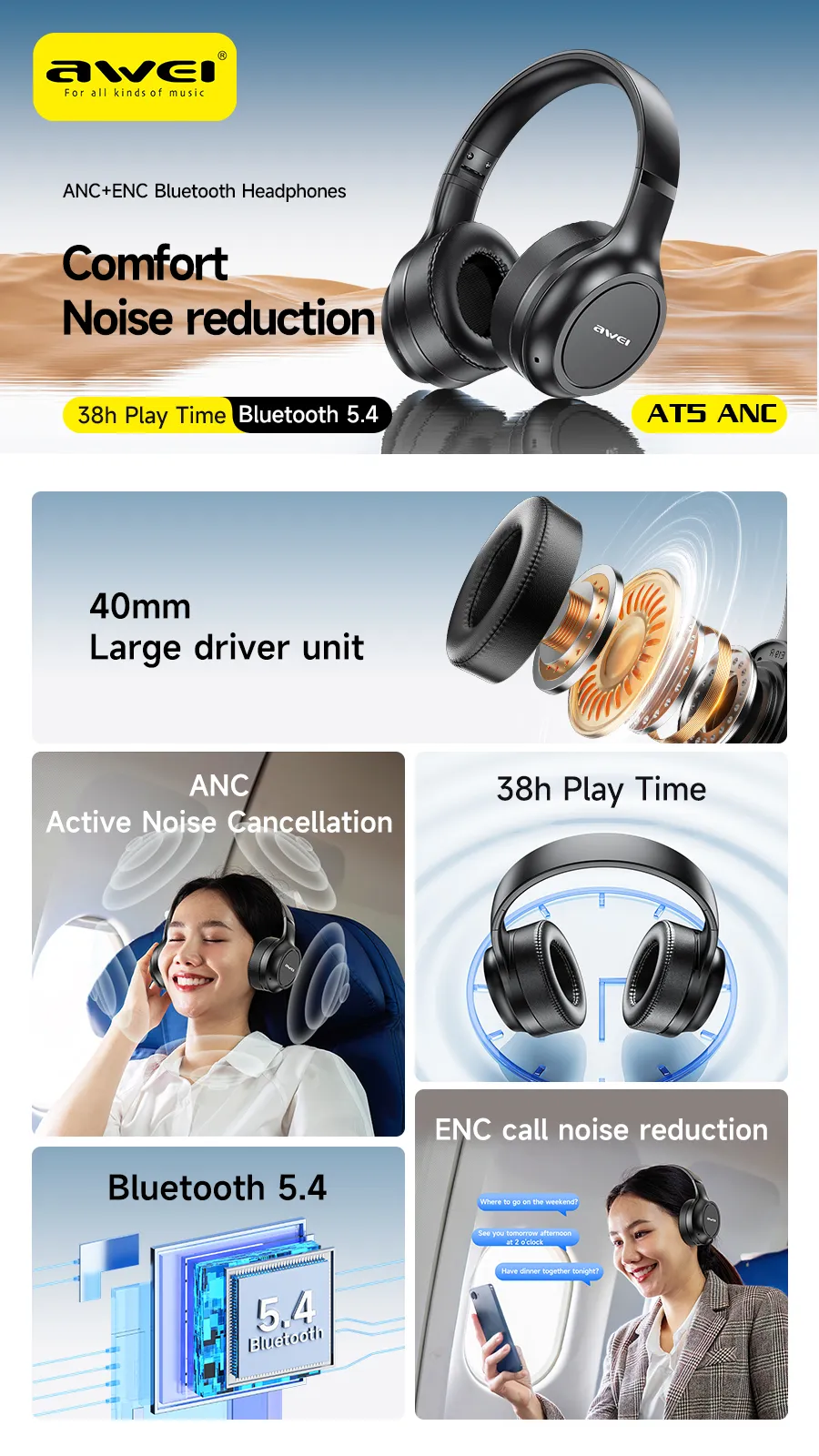 Awei AT5 ANC ENC Wireless Headset Bluetooth V5.4