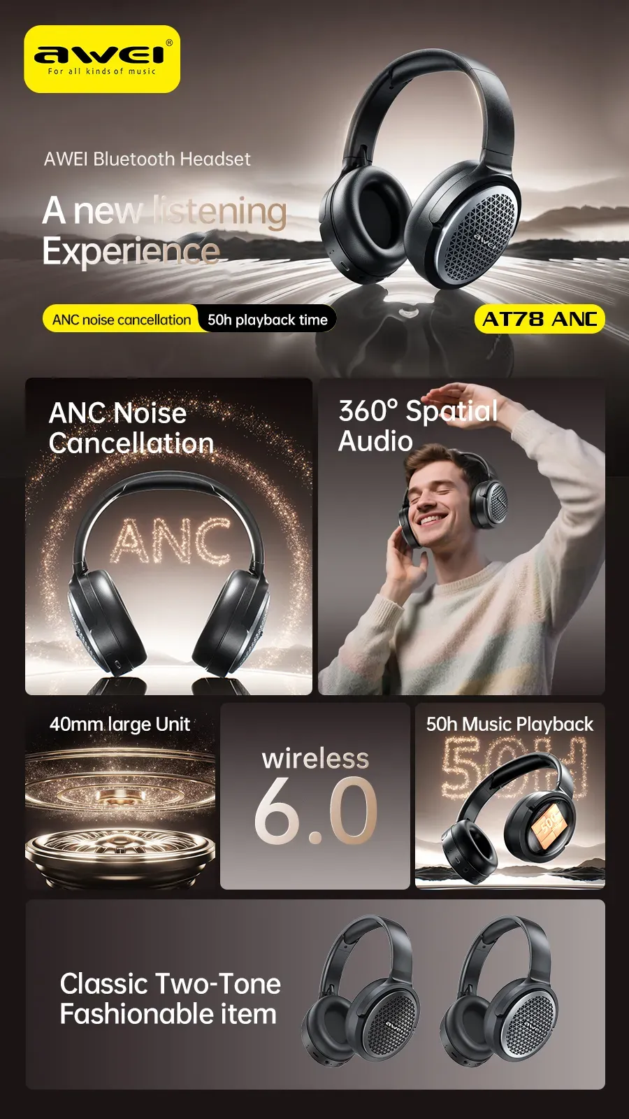 Awei AT78 ANC Bluetooth Wireless Headphones