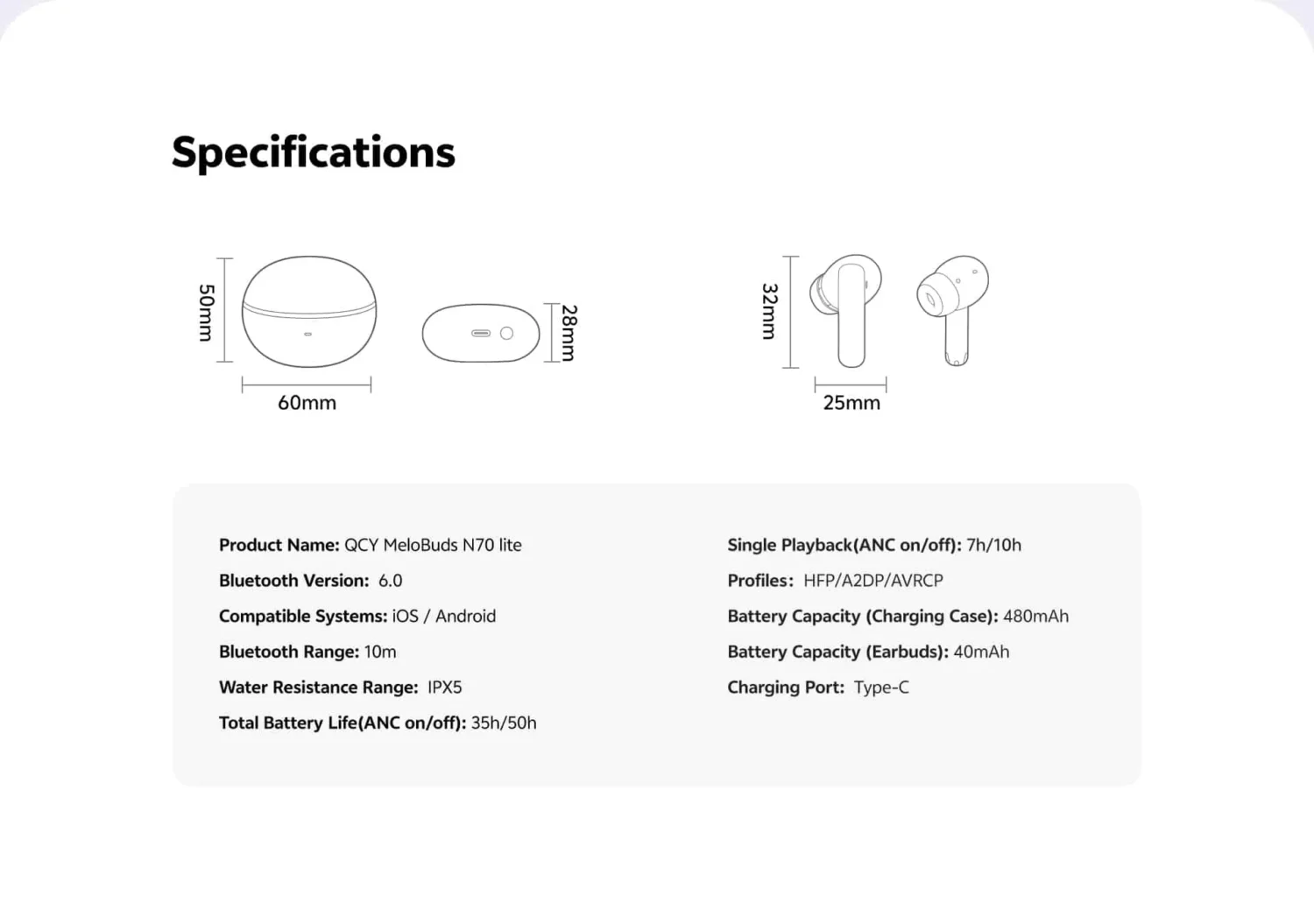 QCY MeloBuds N70i Lite Hi-Res LDAC ANC Earbuds