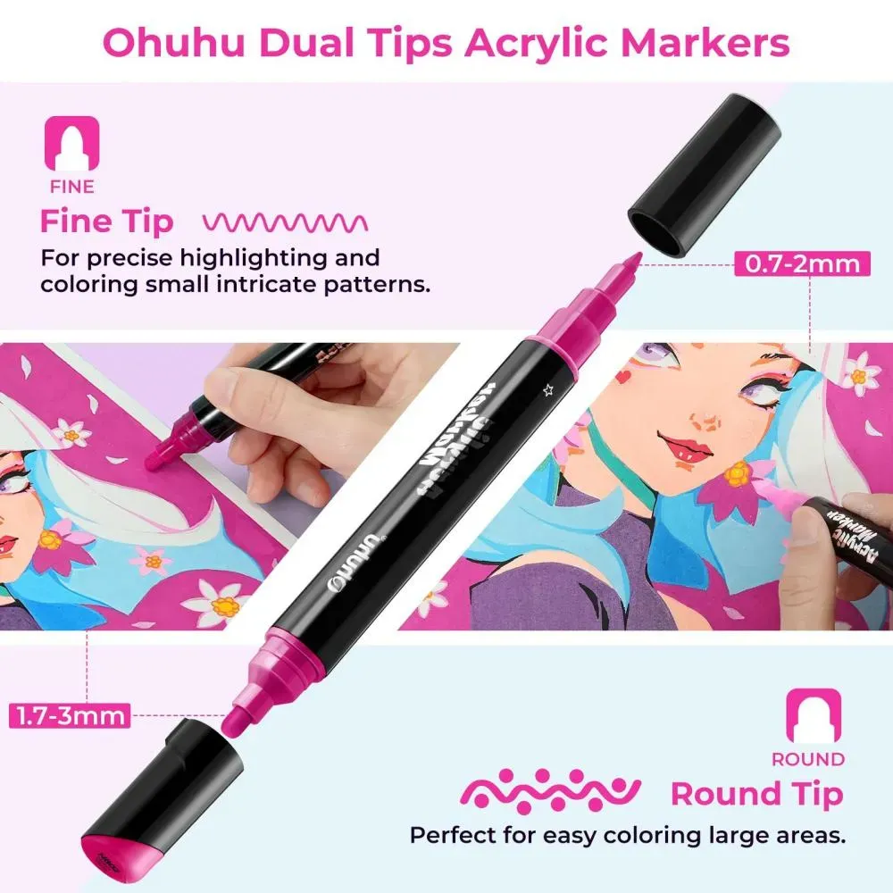 Ohuhu Acrylic Pen 30 Colors Dual Nib Waterproof