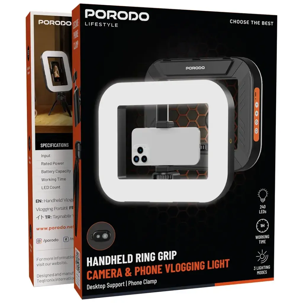 Porodo Lifestyle Handheld Ring Grip Camera & Phone Vlogging Light