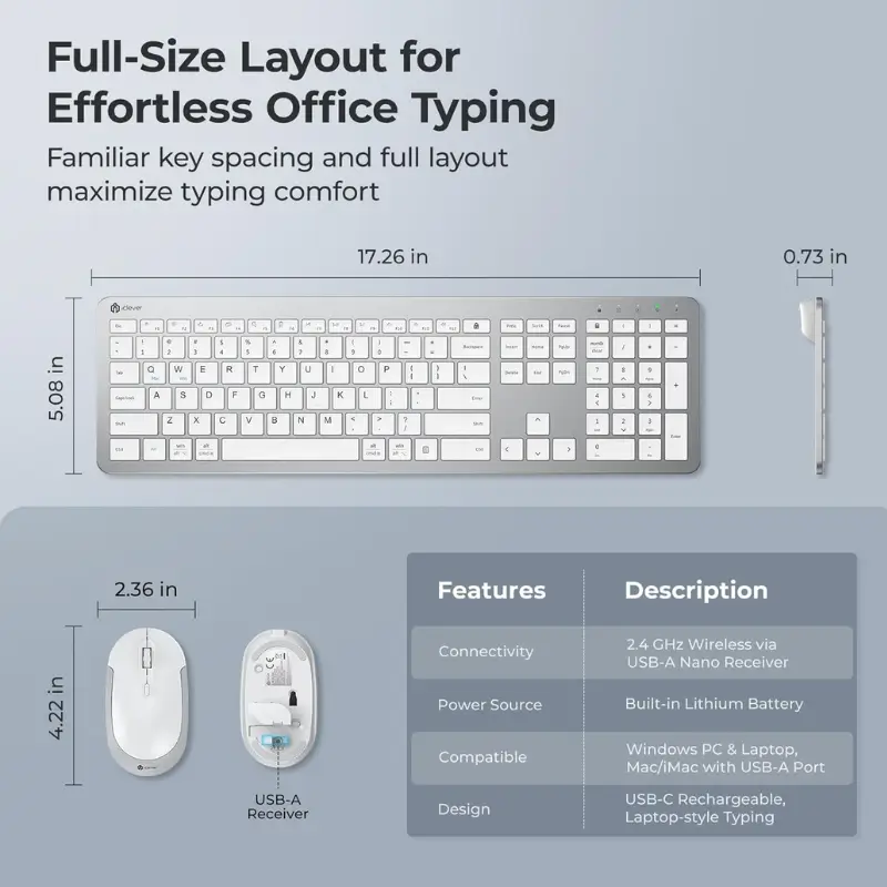 iClever GK08 Quiet Wireless Keyboard Mouse Combo for Mac and Windows