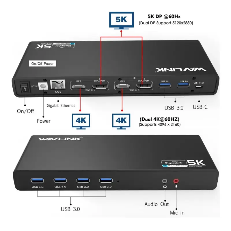 Wavlink WL-UG69DK1 USB-C Dual 4K Docking Station with DisplayLink