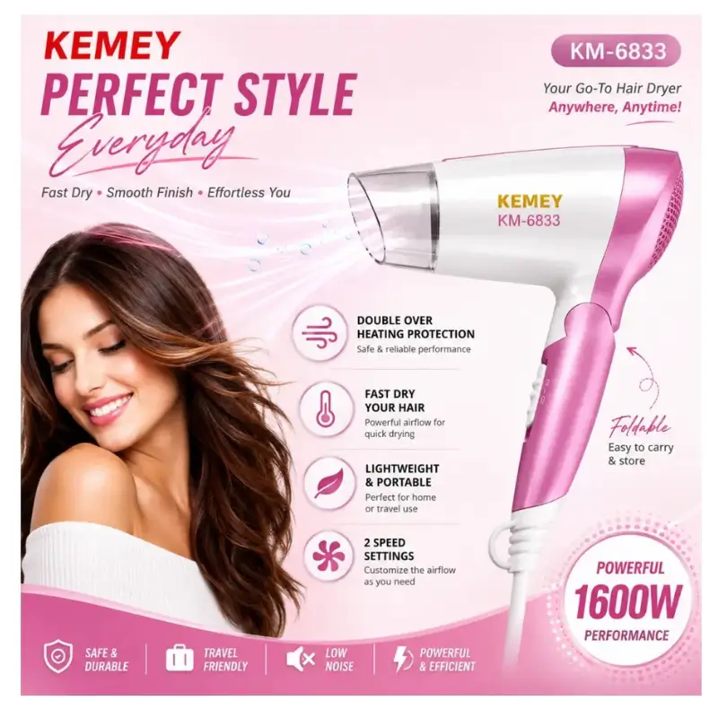Kemei KM-6833 1600W Foldable Hair Dryer for Travel Kemei KM-6833 1600W Foldable Hair Dryer for Travel