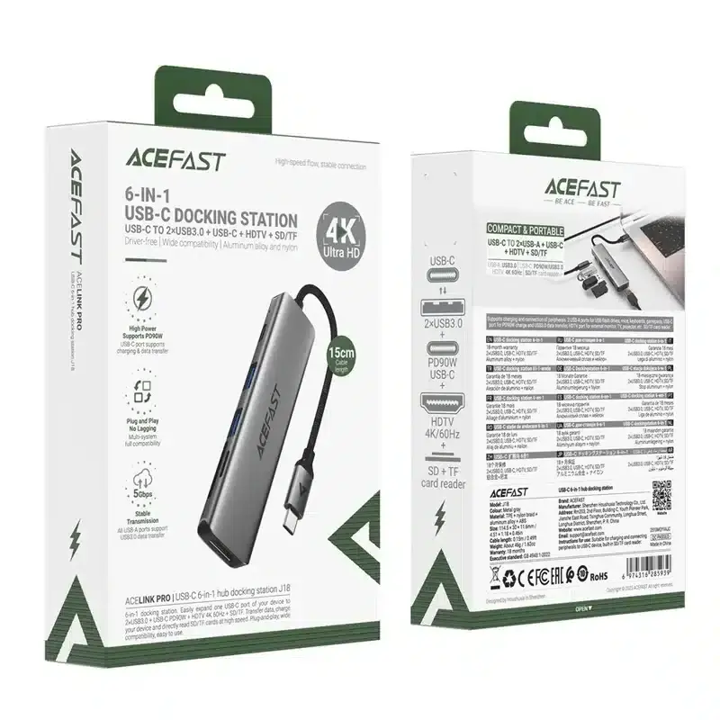 ACEFAST J18 6-in-1 USB-C Docking Station – 90W PD Fast Charging