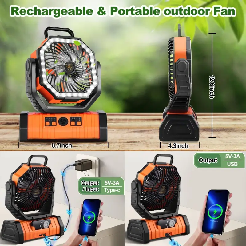  XISU F6 Rechargeable Camping Tent Fan with LED Light