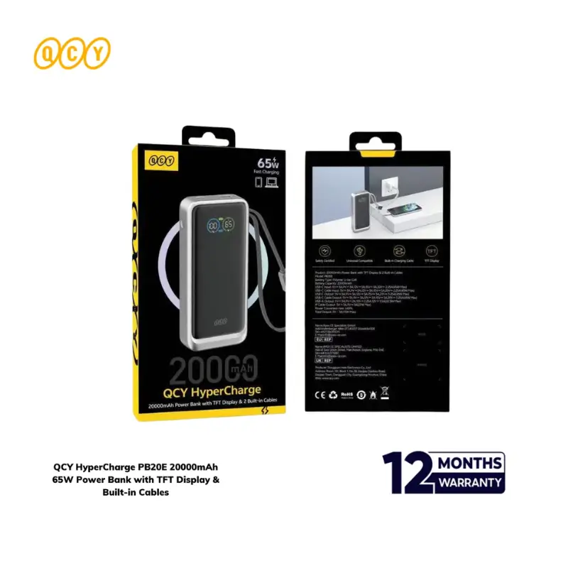 QCY HyperCharge PB20E 20000mAh 65W Power Bank with Display & Built-in Cables