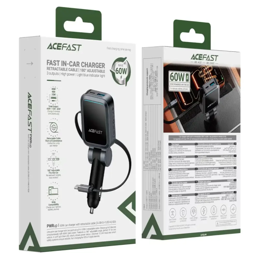 ACEFAST B26 60W Car Charger with Retractable USB-C Cable