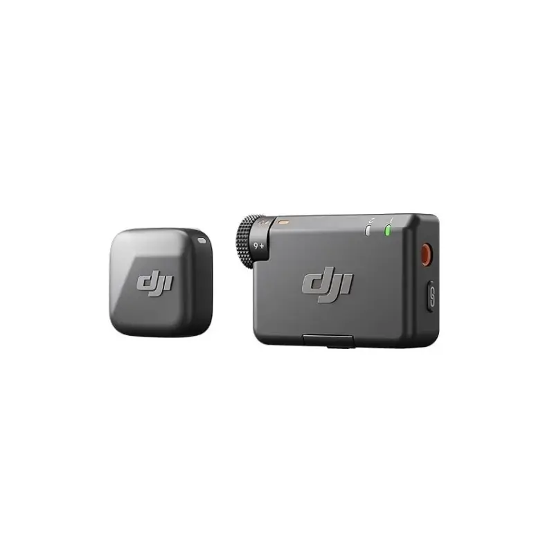 Two DJI Mic Mini 2 transmitters clipped onto clothing Two DJI Mic Mini 2 transmitters clipped onto clothing