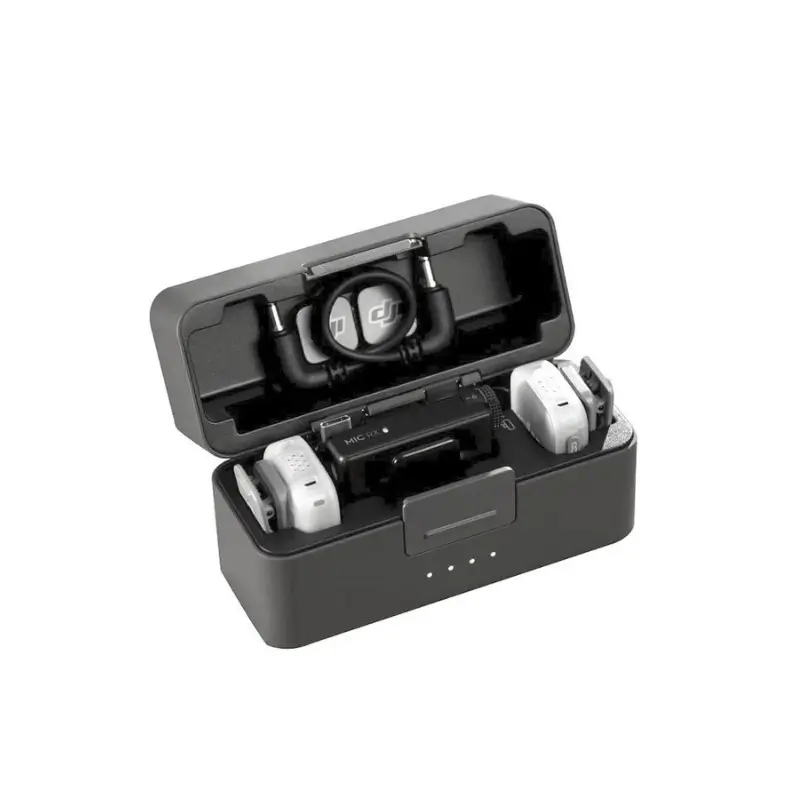 Close-up of DJI Mic Mini 2S transmitter clipped to collar