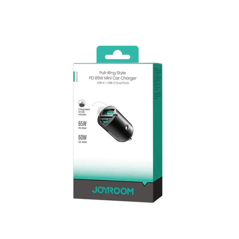Black Joyroom car charger plugged into a car socket while charging a phone