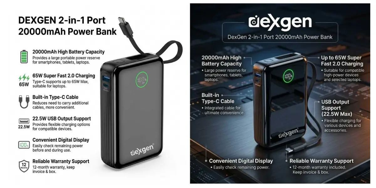 DexGen 2-in-1 20000mAh Power Bank with Digital Display