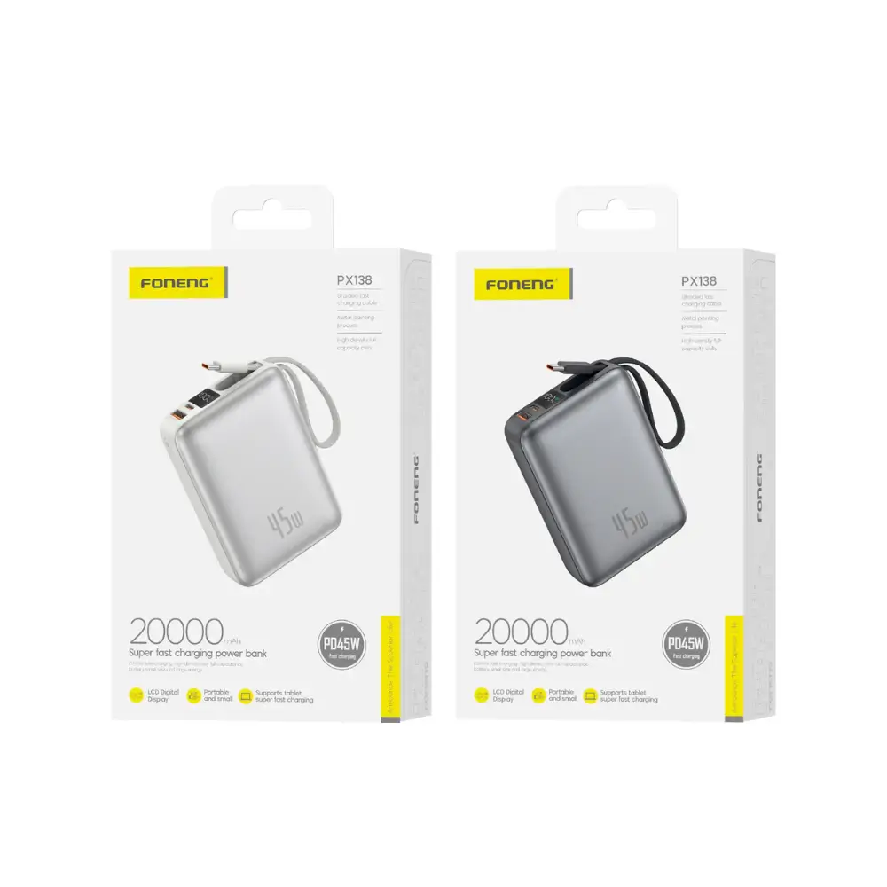 FONENG PX138 power bank shown beside a smartphone for size comparison FONENG PX138 power bank shown beside a smartphone for size comparison