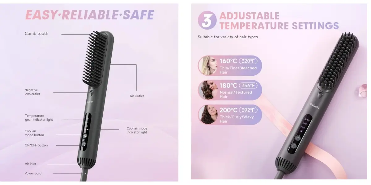 ENCHEN H2 2-in-1 Hair Straightener Brush with Fast 200°C Heating - image 2