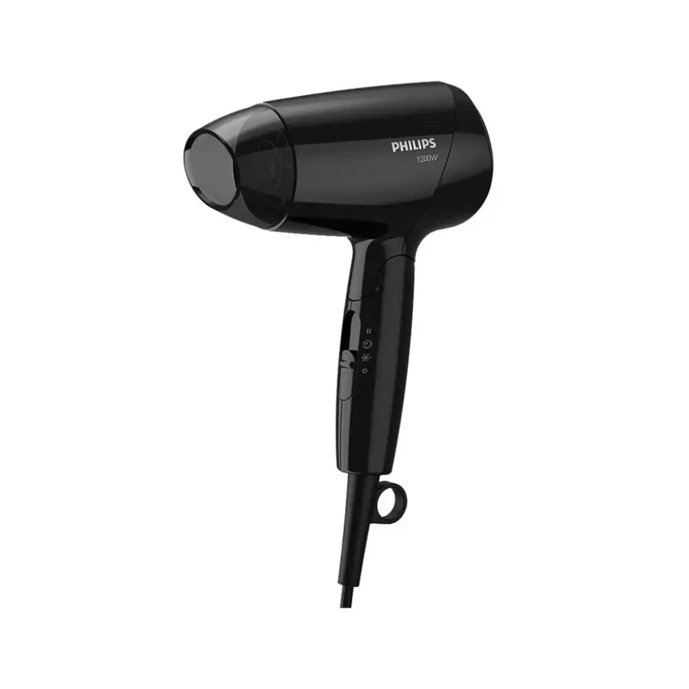 Close-up of Philips BHC010/10 hair dryer nozzle and black plastic body Close-up of Philips BHC010/10 hair dryer nozzle and black plastic body