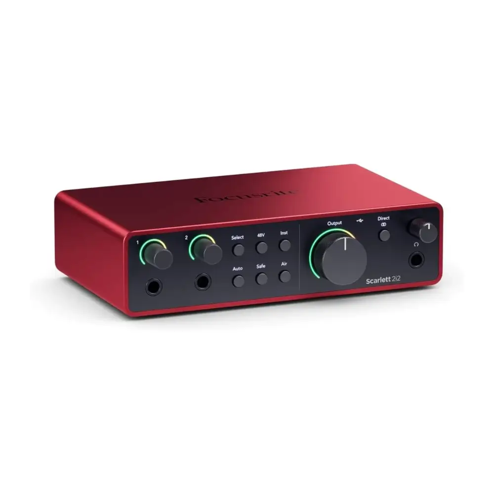Close-up detail of Scarlett 2i2 input controls and knobs