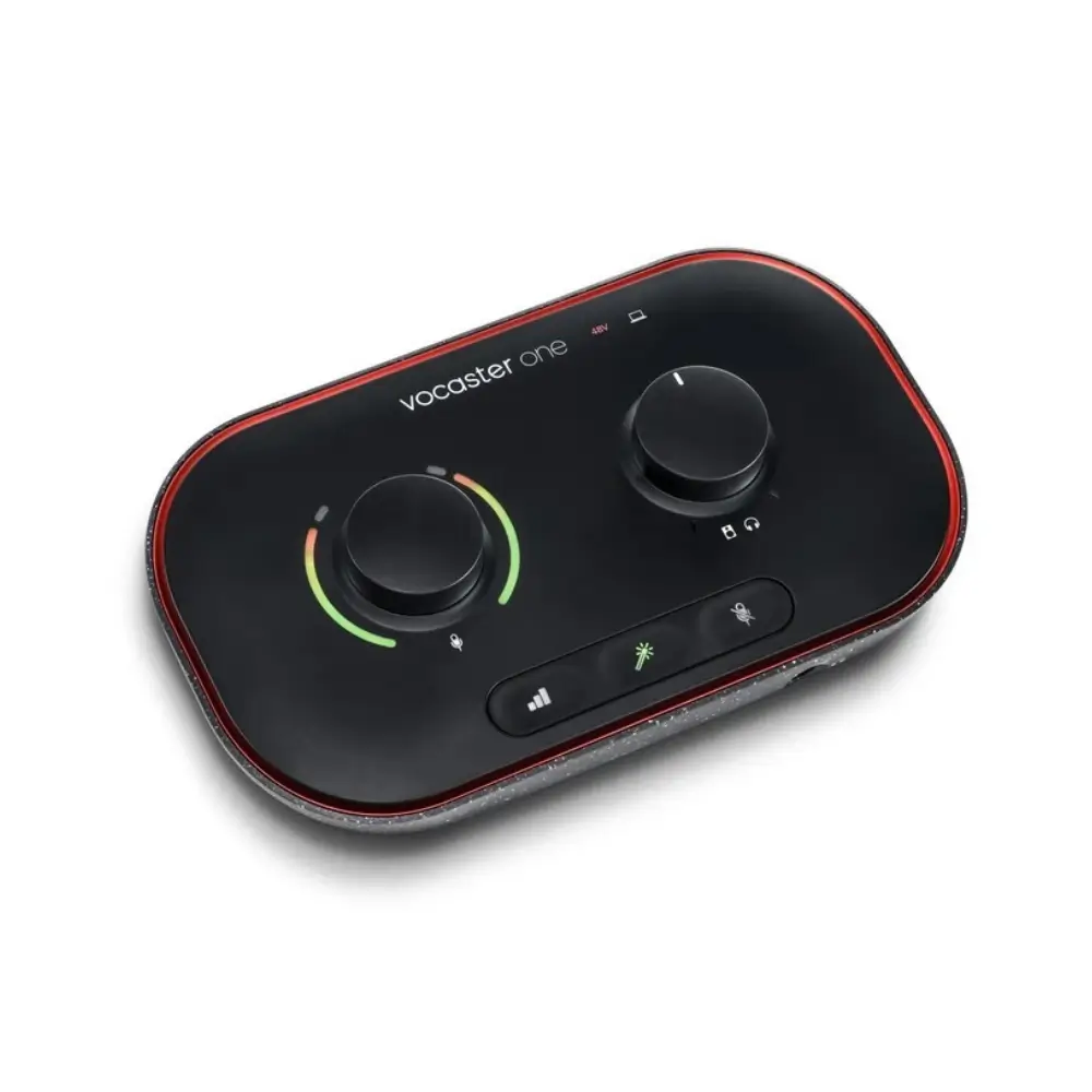 Close-up of Vocaster One Studio Auto Gain and Enhance control buttons