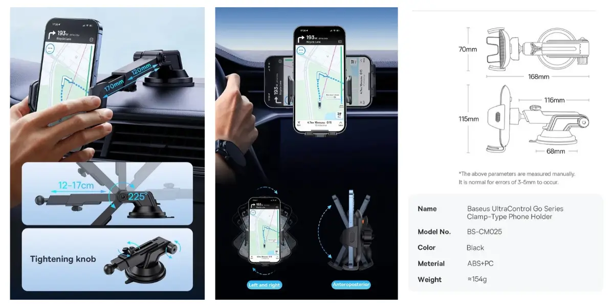 Baseus BS-CM025 Clamp Car Phone Holder with Vacuum Suction