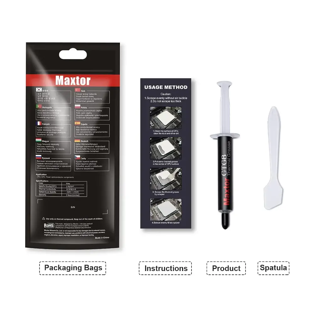 Maxtor CTG8 thermal paste showing 12.8 W/m·K thermal conductivity