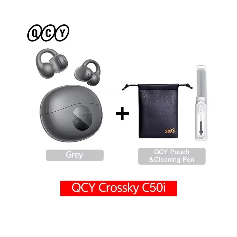 QCY Crossky C50i clip-on earbuds showing memory alloy C-bridge design QCY Crossky C50i clip-on earbuds showing memory alloy C-bridge design