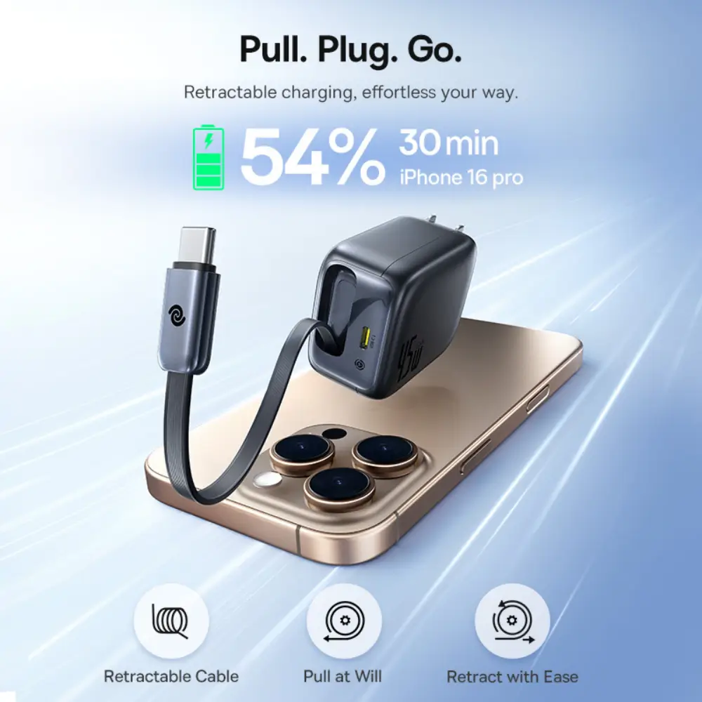 Baseus 45W GaN charger with dual USB-C and built-in cable