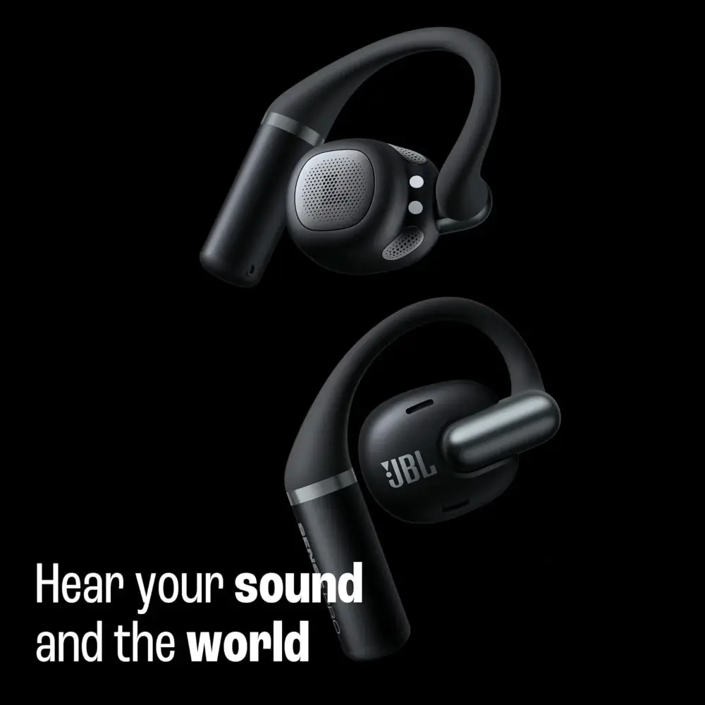 Close-up of the JBL Sense Pro adjustable metal hinge and silicone ear hook