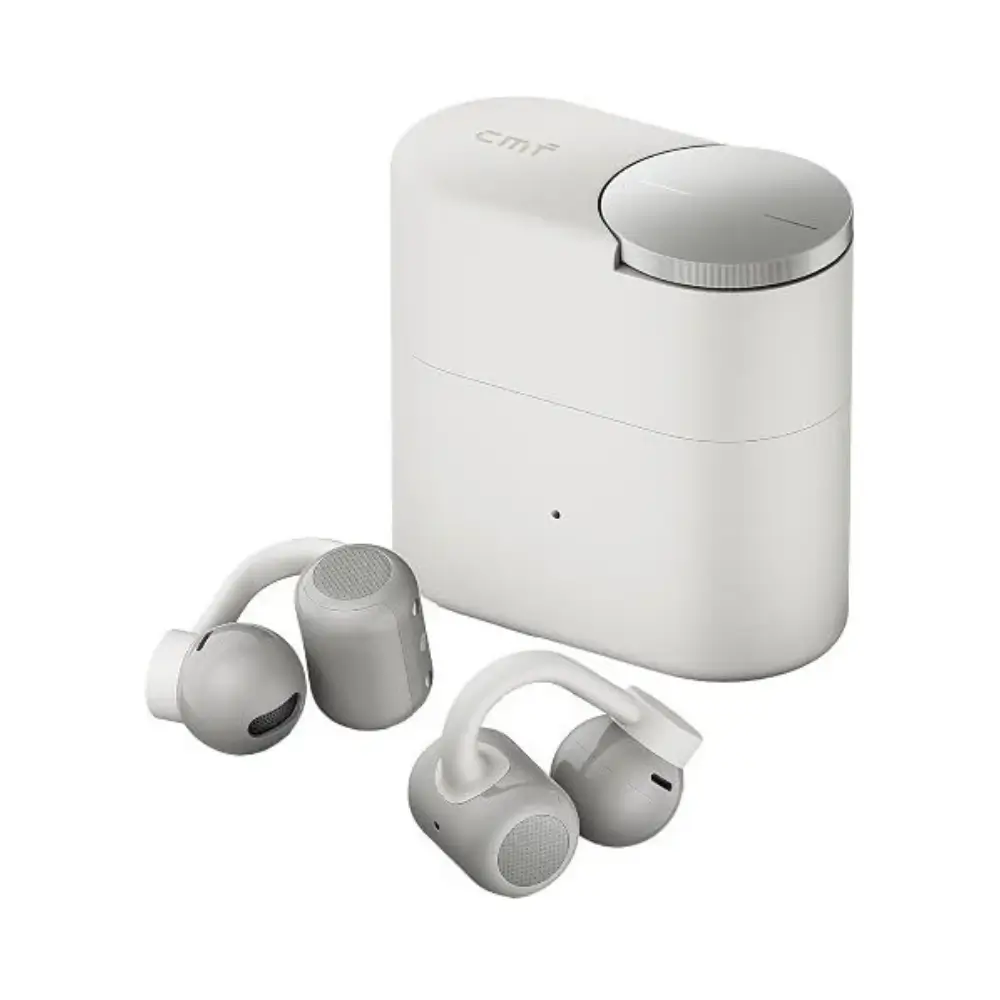 CMF Clip Pro open-ear wireless earbuds in light grey with charging case